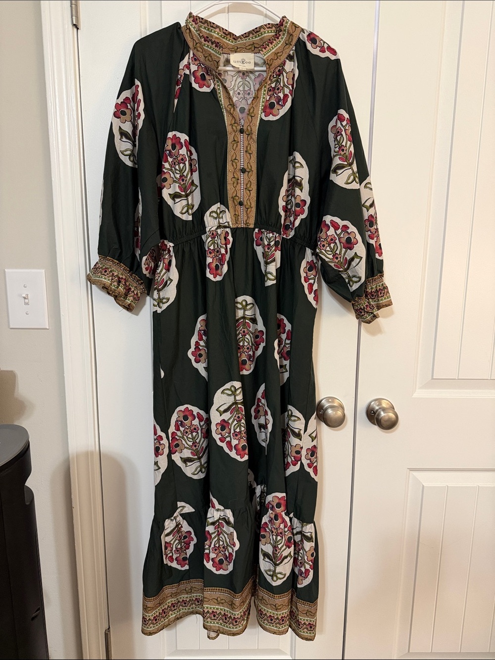 Umgee Black Floral Boho Maxi Dress with Burgundy Accents